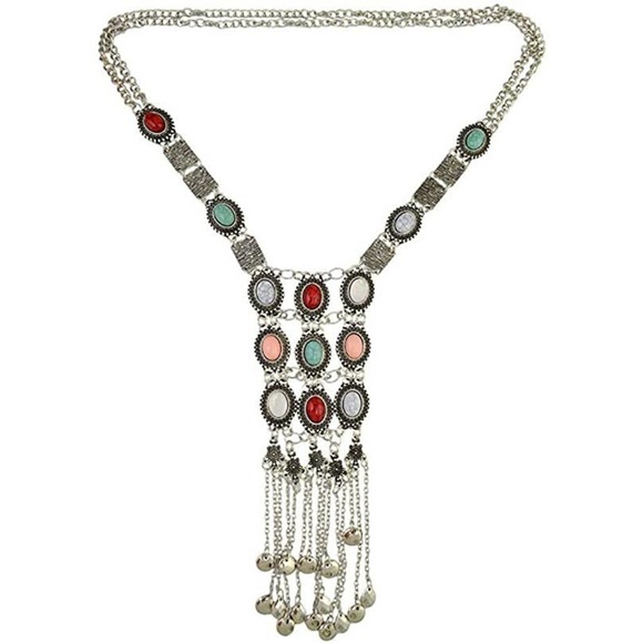 Gold Turquoise Boho Statement Ethnic Tribal Long Necklace Bohemian Stone Gem - Picture 9 of 9